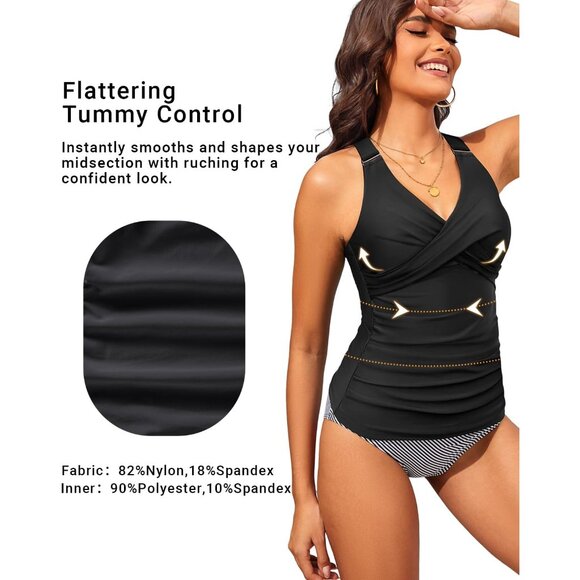 Women Tankini Top Plus Size Tummy Control Swimwear V-Neck Adjustable Straps - Picture 3 of 6